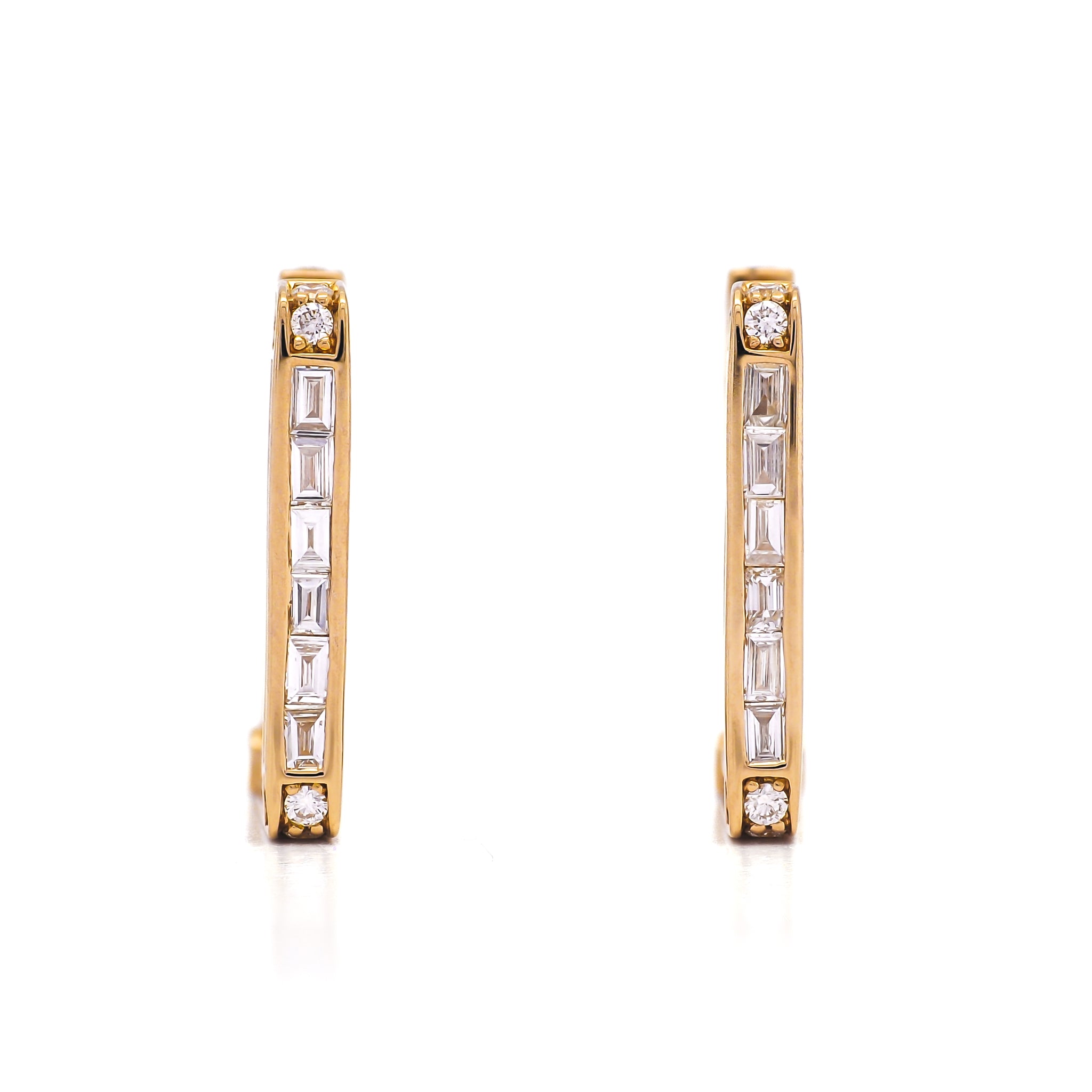 18k WHITE GOLD RECTANGLE BAGUETTE INSIDE/OUT HOOP EARRINGS