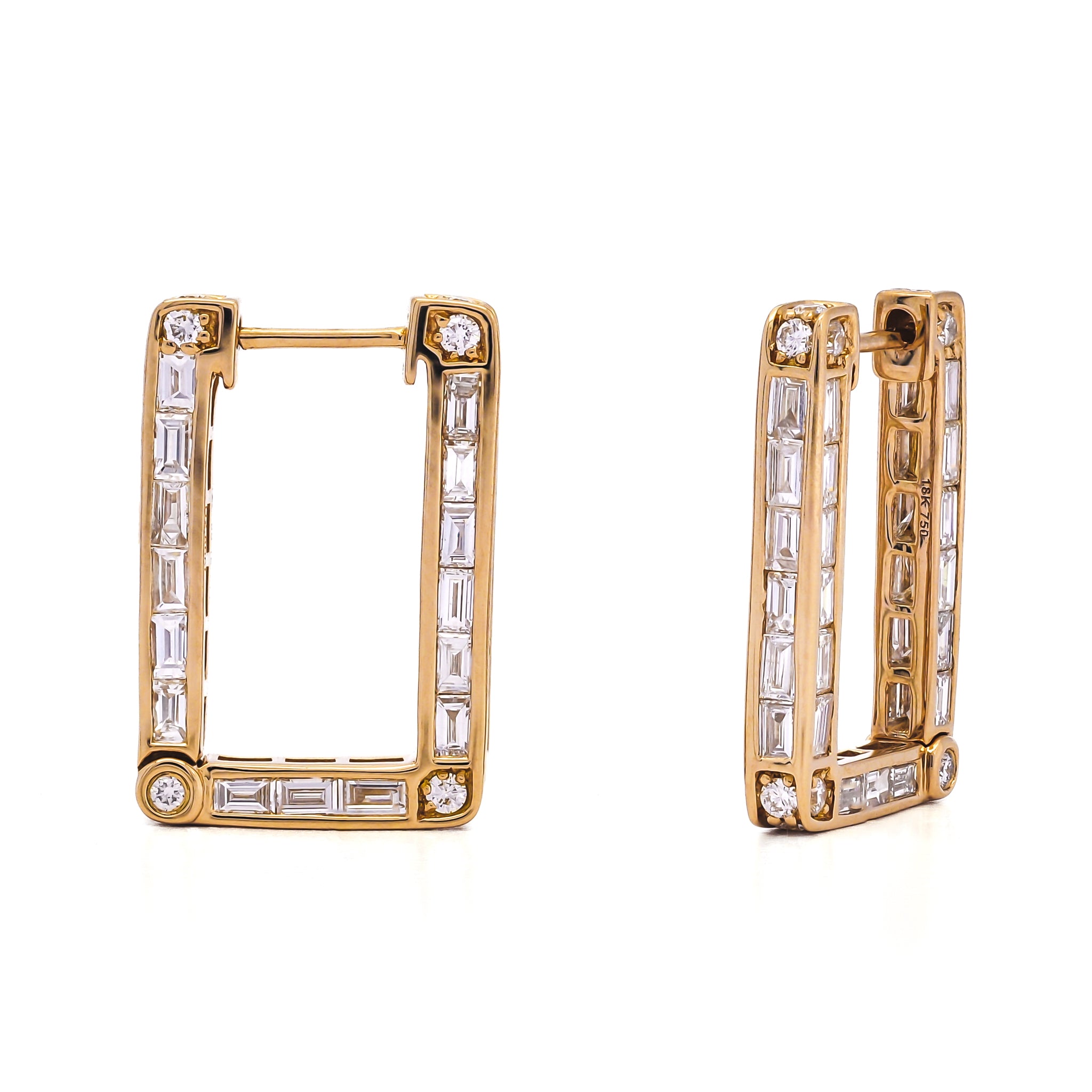 18k WHITE GOLD RECTANGLE BAGUETTE INSIDE/OUT HOOP EARRINGS