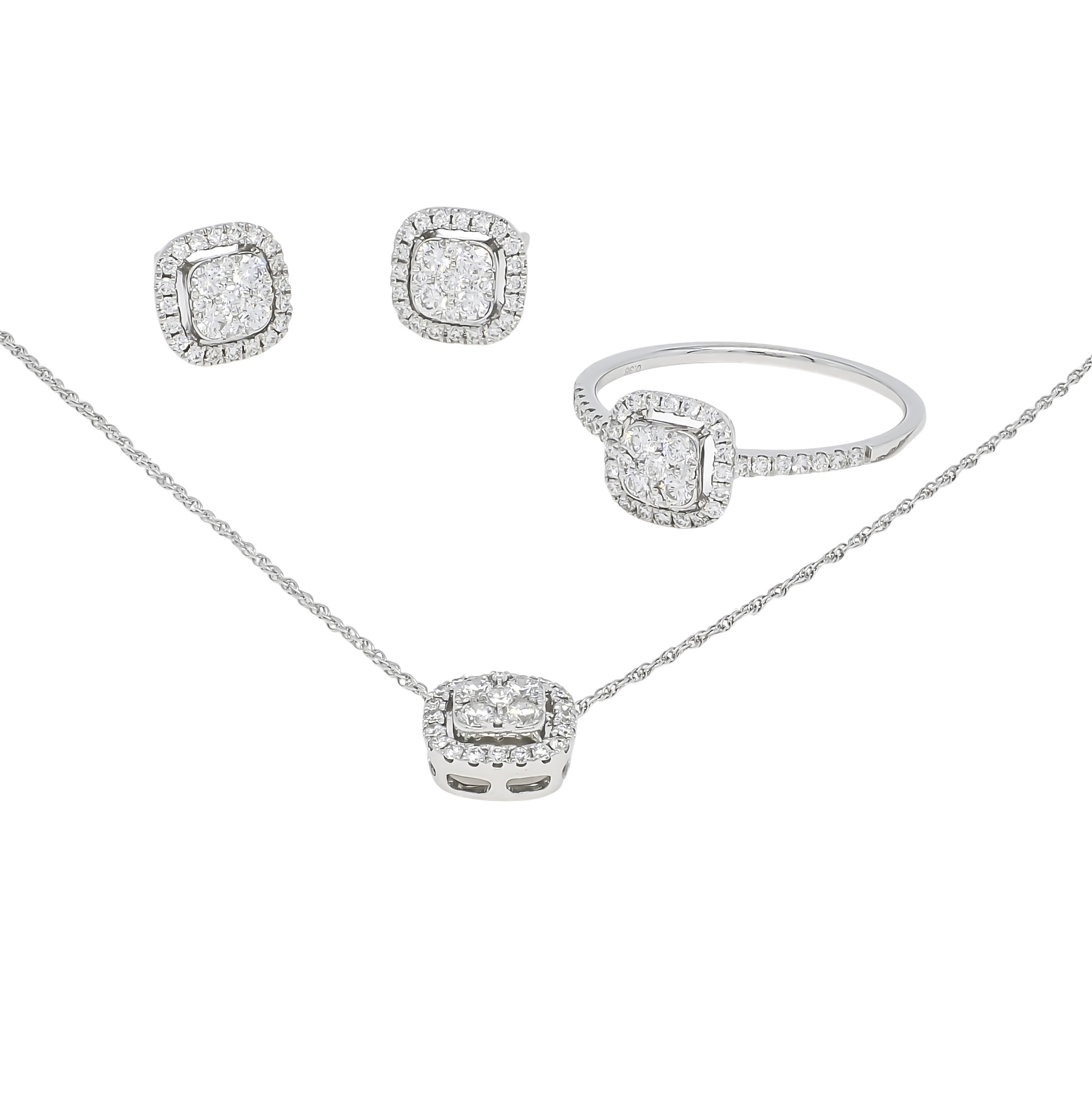 18k WHITE GOLD CLUSTER HALO JEWELRY SET