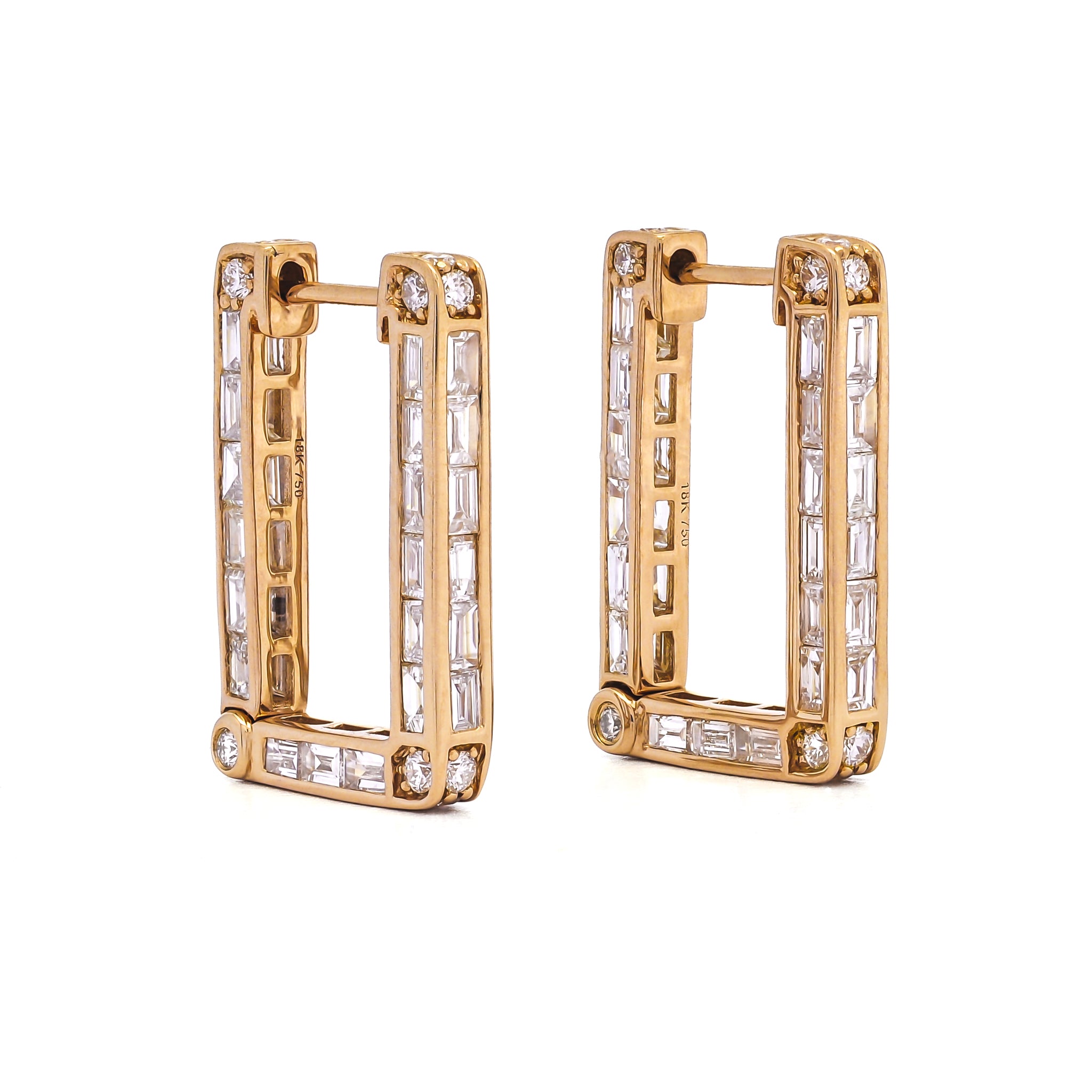 18k WHITE GOLD RECTANGLE BAGUETTE INSIDE/OUT HOOP EARRINGS