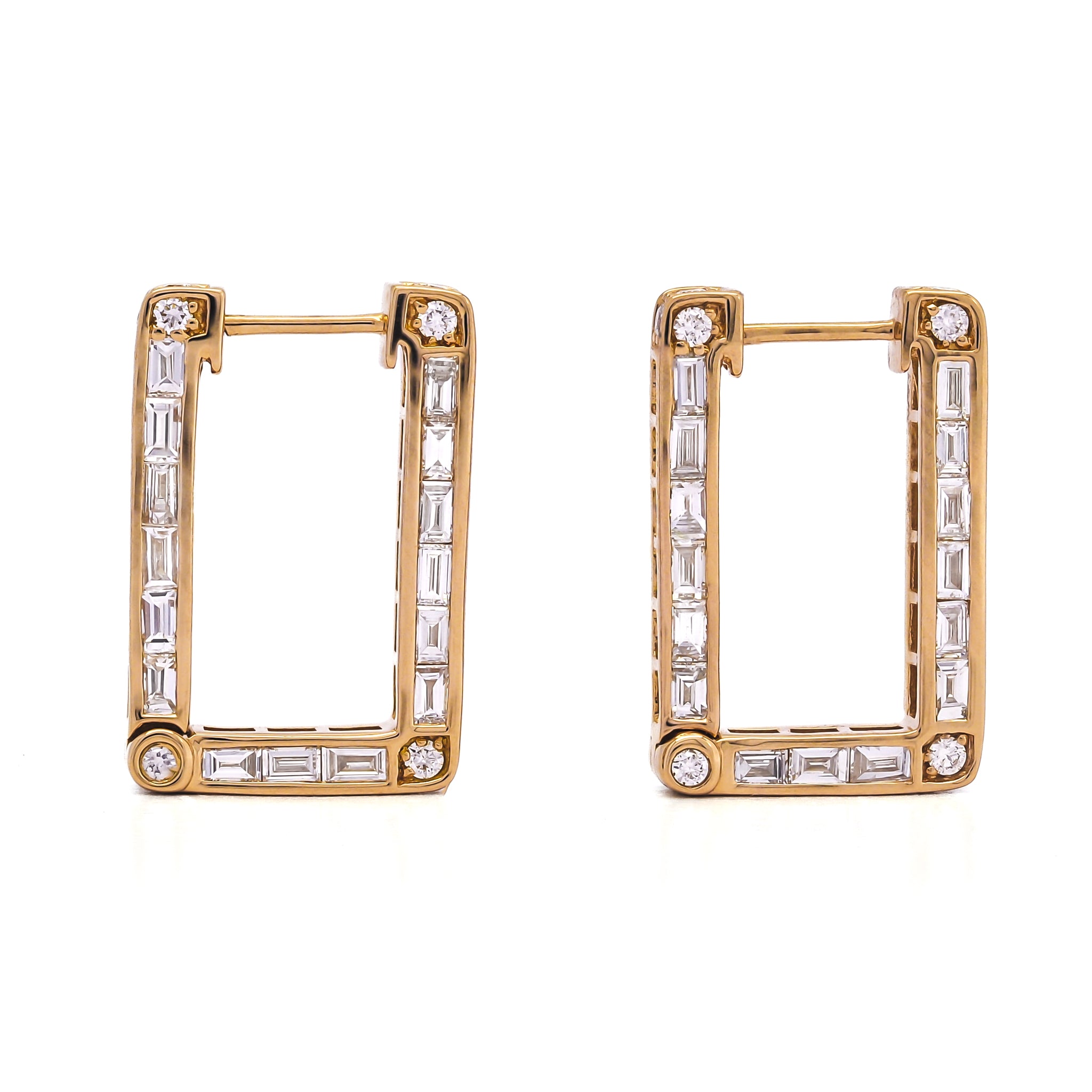 18k WHITE GOLD RECTANGLE BAGUETTE INSIDE/OUT HOOP EARRINGS